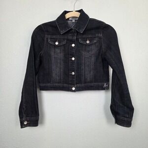 Denim Jacket DKNY Women L Dark Wash Cropped Trucker Logo Outerwear